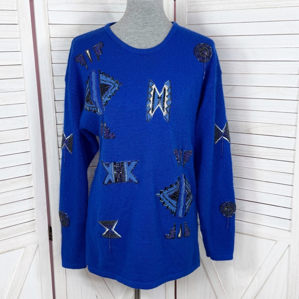 Vintage 80s New York Aspects Native Beaded Silk Angora Tunic Sweater Blue Medium